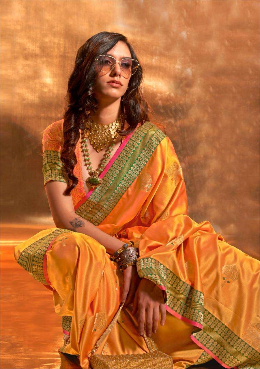 Lovely Yellow Green Pure Satin Chaap Handloom Weaving Silk Saree