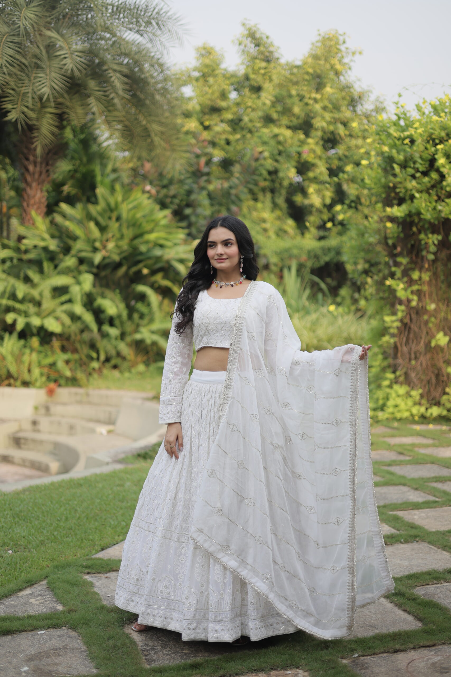 WHITE FAUX GEORGETTE LEHENGA CHOLI SET