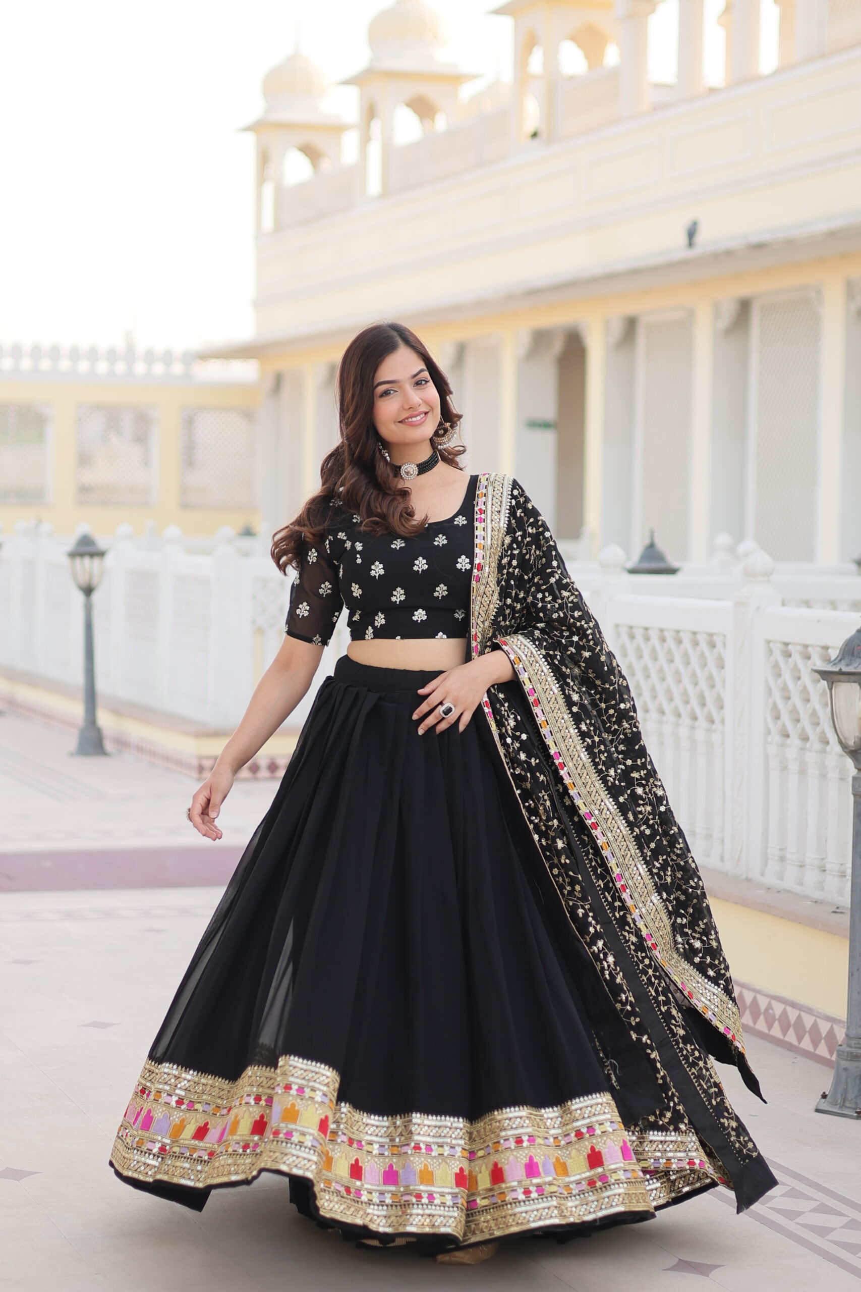 BLACK EMBROIDERED FULLY FLAIRED GEORGETTE LEHENA