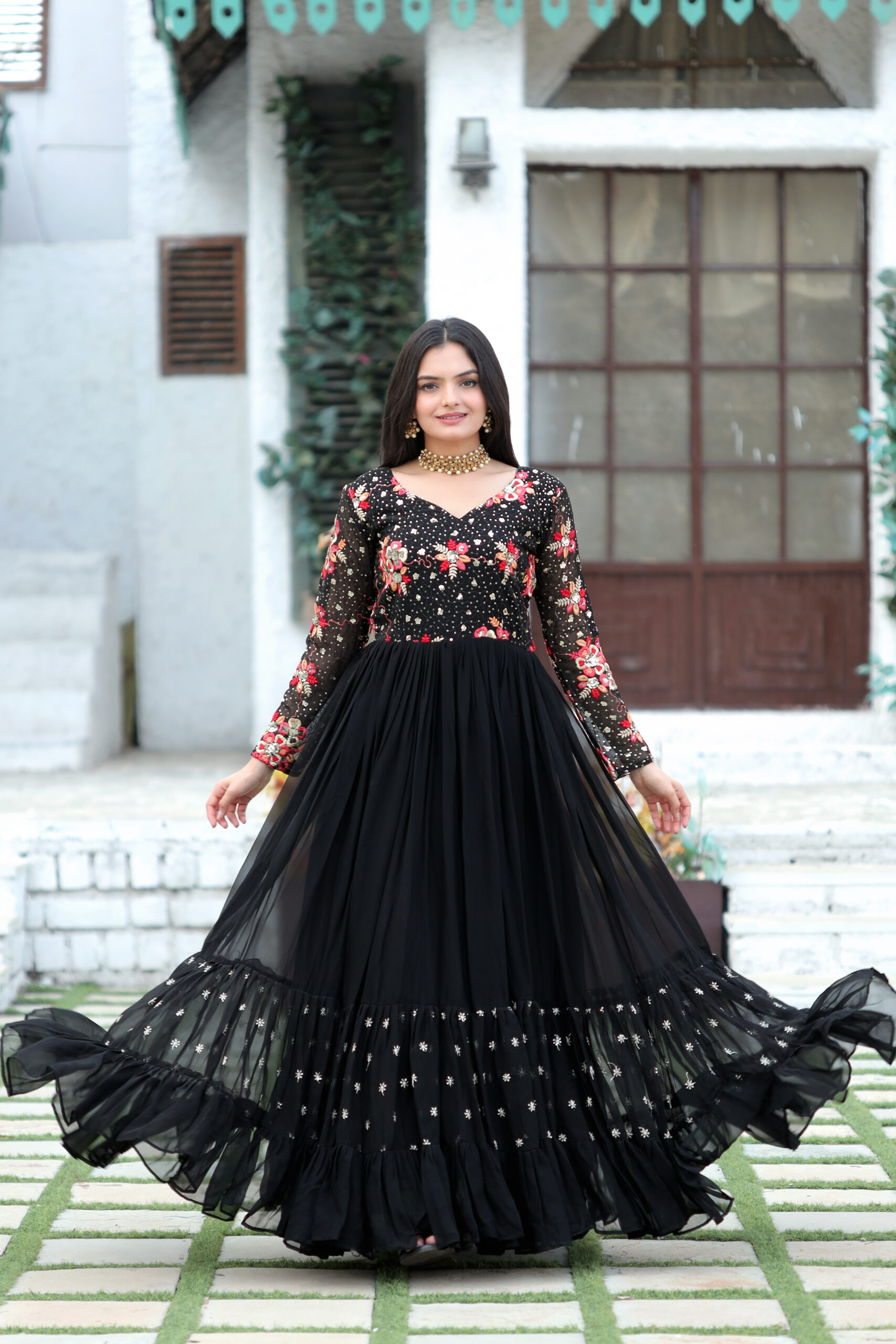 Radiant Bloom Gown With Multi-thread Embroidery and Sequins work – Black