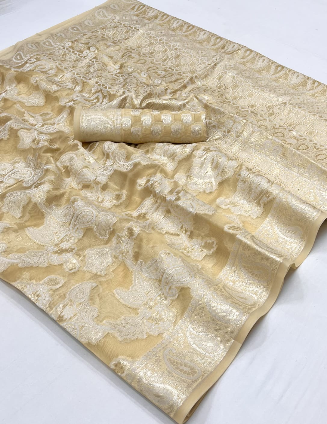 Off White Cream Organza Chikankari Zari Handloom weaving Saree