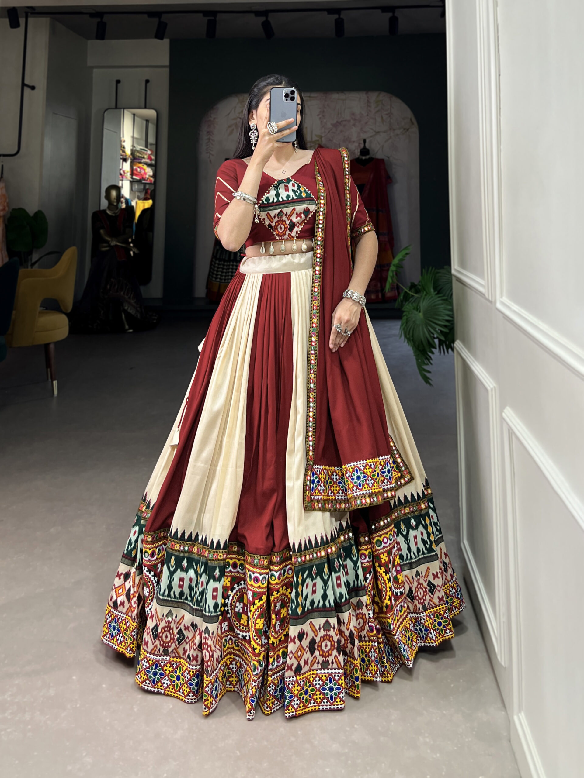 Navratri Lehenga choli in Maroon and White color fabrication on Rayon for women and girls